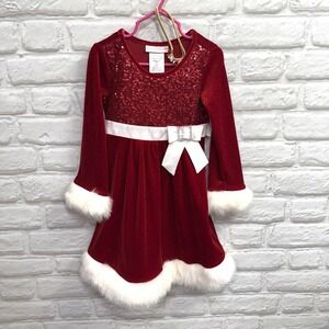 Bonnie Jean Girls 4T Christmas Dress Santa Claus Red Sequin White Fur Trim